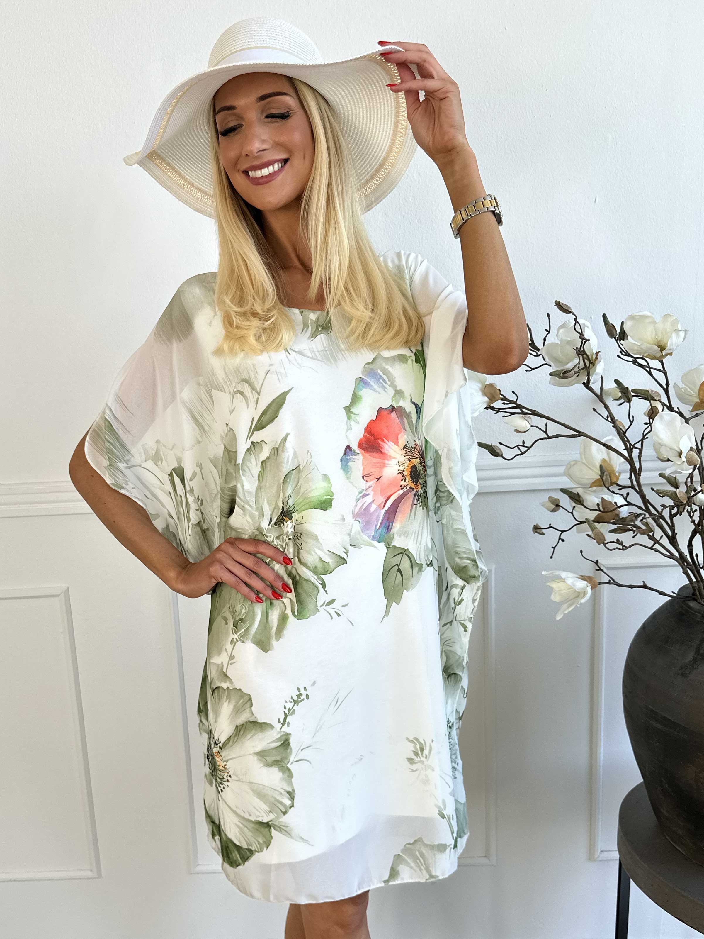 Senja - Kjole i chiffon med blomster og underkjole i viskose